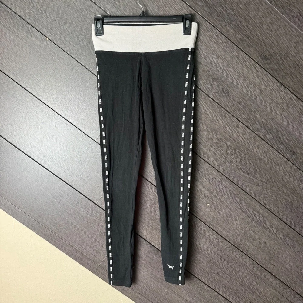 Victoria's Secret PINK Yoga Leggings XS Black Logo Tape High Rise Athleisure